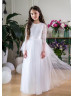 Bell Sleeves White Lace Tulle Flower Girl Dress